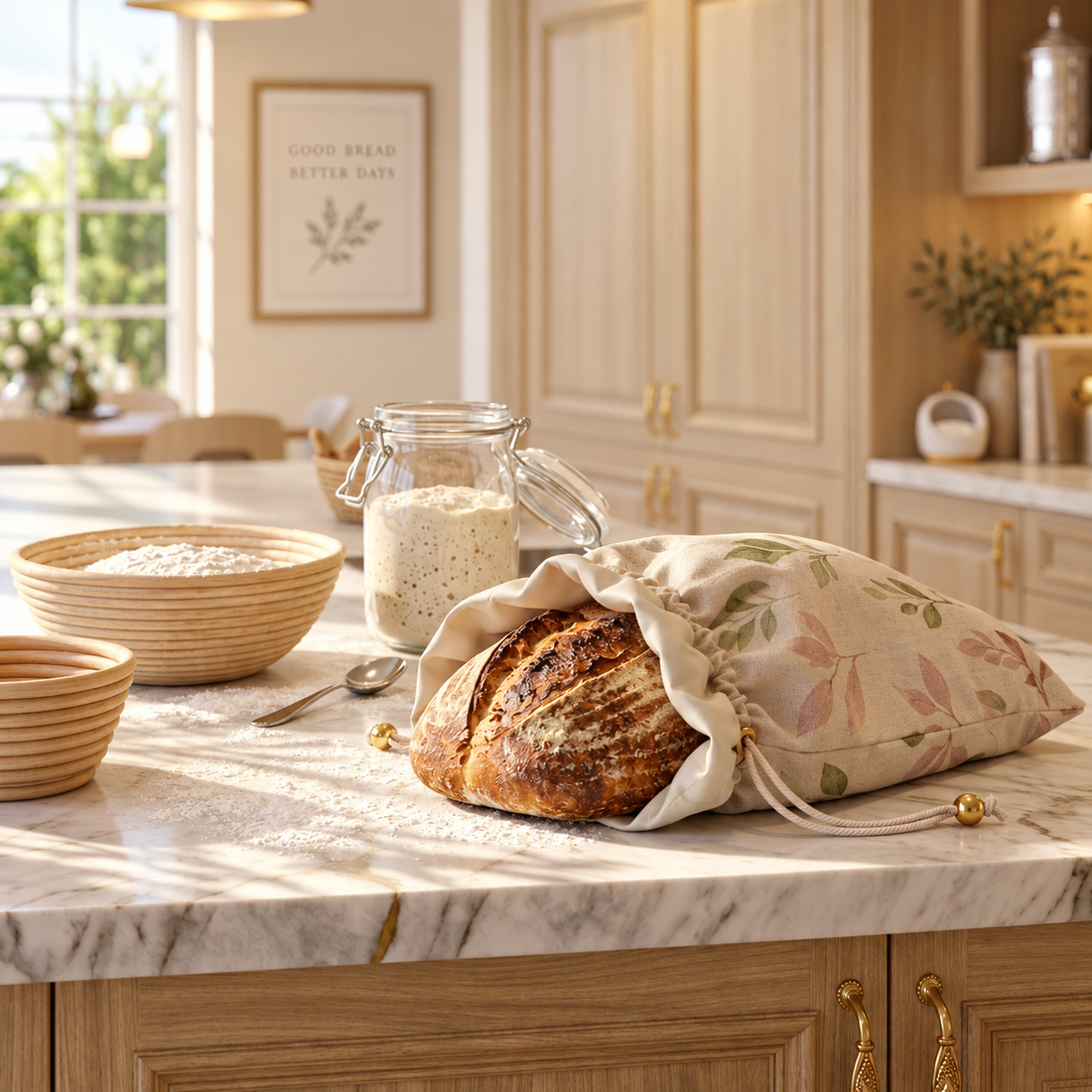 Sourdough loaf with a Linen & Loaf floral bread bag for everyday bread storage