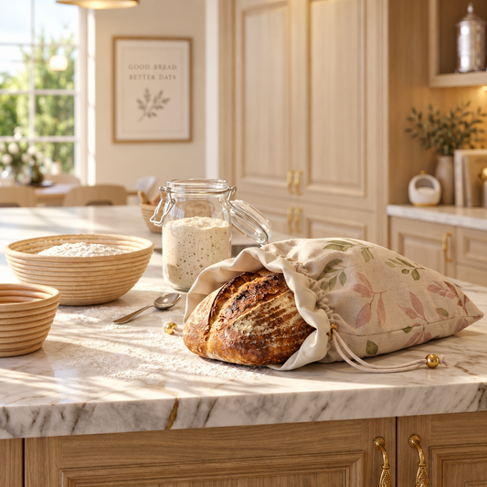 Sourdough loaf with a Linen & Loaf floral bread bag for everyday bread storage