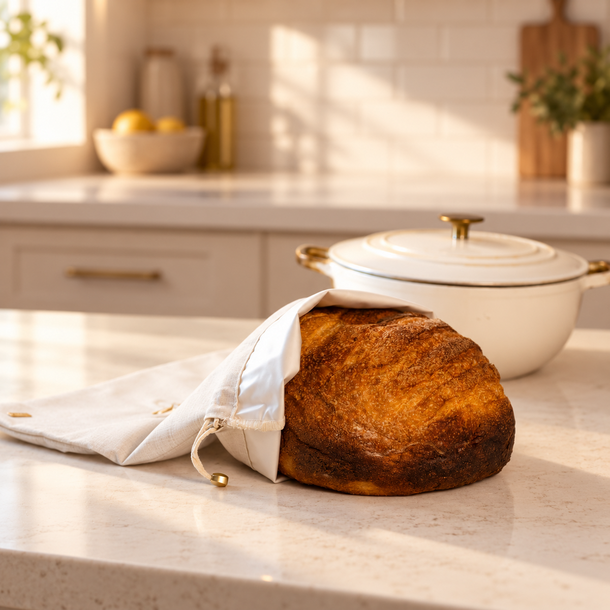 Abstract tonal Linen & Loaf bread bag holding an artisan sourdough loaf in a warm kitchen