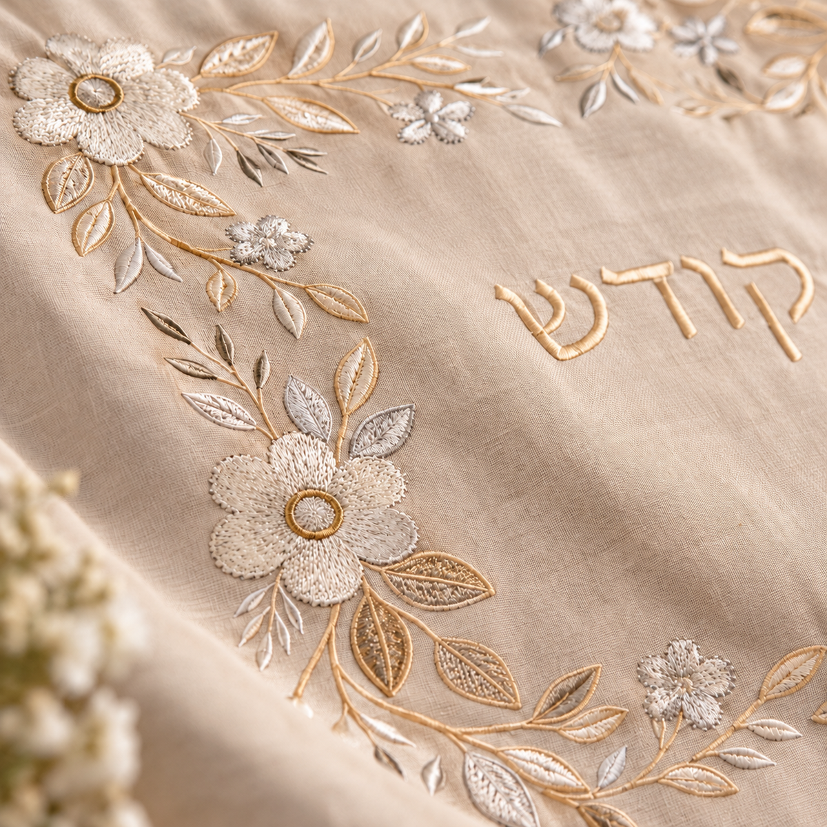 Close-up of floral and Hebrew embroidery on the Linen & Loaf challah cover