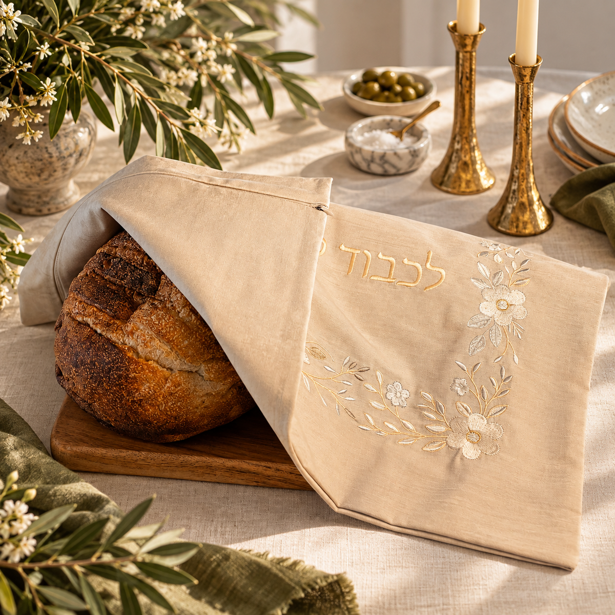 Linen & Loaf embroidered challah cover draped over an artisan loaf on the table