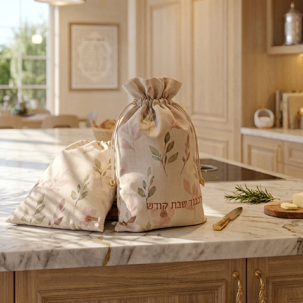 Floral Linen & Loaf bread bags for challah and sourdough on a bright kitchen island