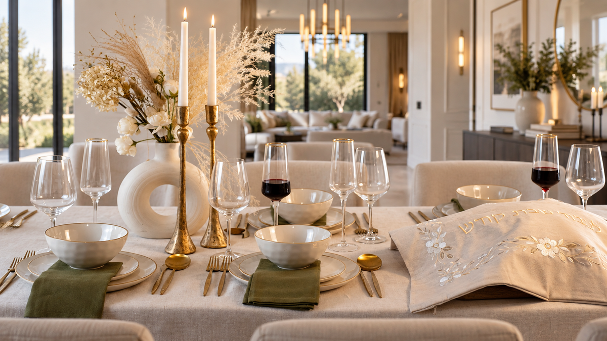 Elegant Linen & Loaf Shabbos table with embroidered challah cover