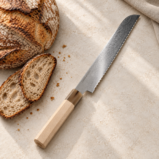 Linen & Loaf Signature Bread Knife with sourdough loaf and sliced bread